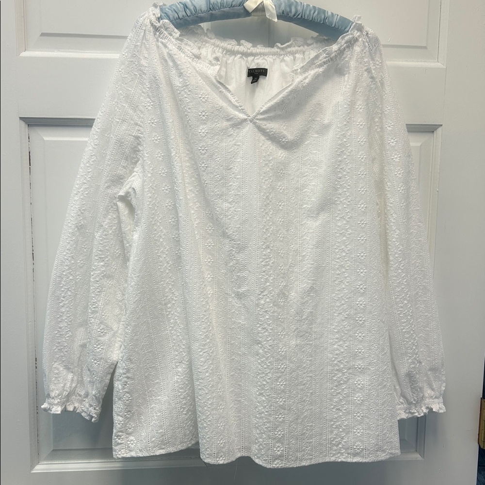 Talbots Plus White Eyelet Peasant Ruffled Blouse 100% Cotton Boho V-Neck Lined